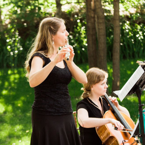 Promotional photo of Christen Stephens and Annastasia Psitos for the recording, "Christen Stephens: Flute and Cello Sampler".