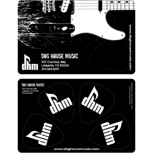 Business cards (punch-out plastic guitar picks) for Dog House Music.