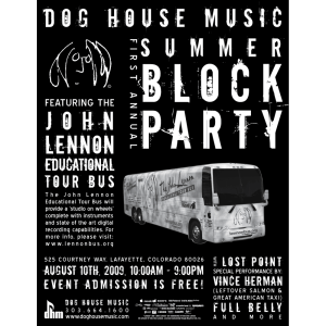 Newspaper and magazine advertisements and event poster for Dog House Music.