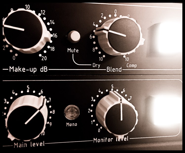 Photo by Ian Campbell of a TK Audio BC1-S buss compressor and a TK Audio S-Blender mini-mastering console.